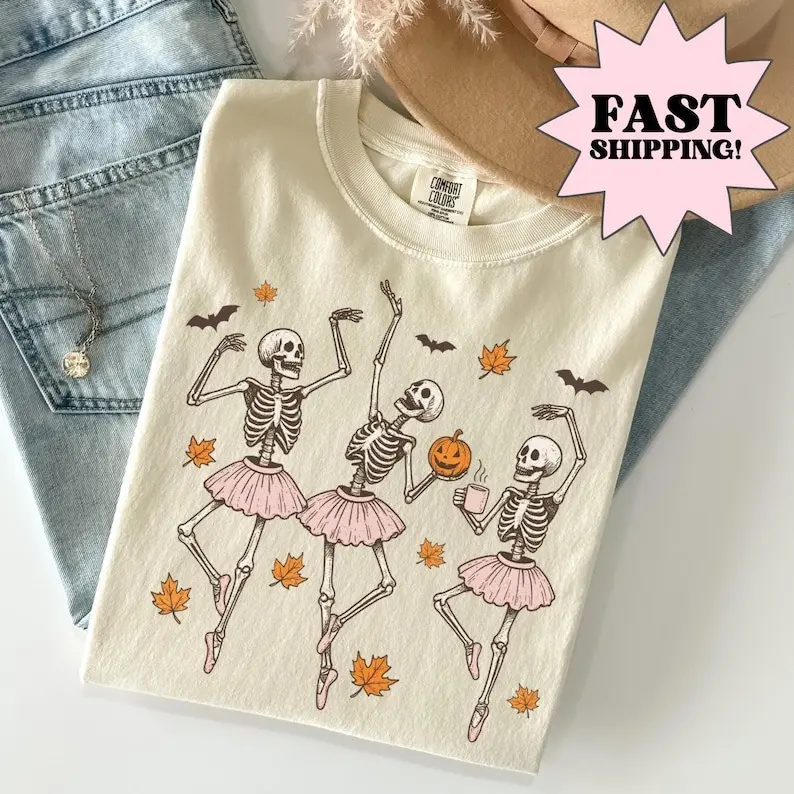 Comfort Colors Halloween Shirt, Dancing Skeletons Shirt, Ballerina Shirt, Spooky Ballet Halloween Tee, Fall Shirt Shirt, Cute Halloween Tee