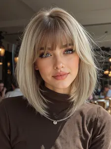 Ombre Brown to Blonde Straight Bob Wig with Bangs | Natural Looking Heat Resistant Synthetic Hair