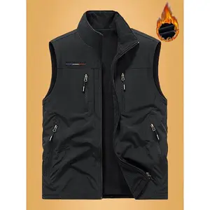 Men's wool vest, double-sided wearable work vest for couples, casual sleeveless jacket, lightweight vest with fleece, multi pocket design, suitable for hiking, photography, fishing, quick drying polyester fiber spring men's green black vestRAIMENTRY