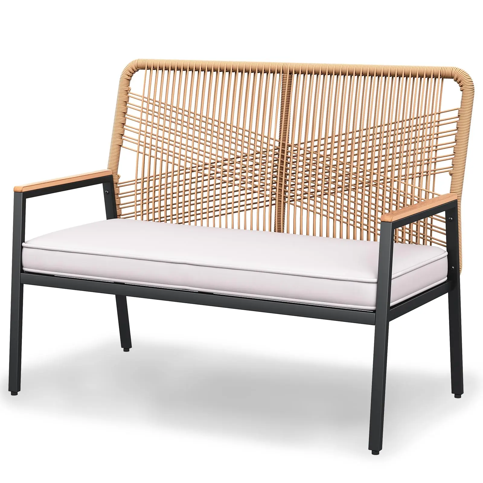 TLGREEN 2-Seat Patio Bench, Wide Outdoor Rattan Love Seat Bench with 3.15in Thick Cushion, Ergonomic Curved Backrest, WPC Armrest, 500 lbs Capacity, for Garden, Balcony, Porch, Beige/Grey, ,summergarden ,Modern ,Wicker Furniture, Comfy
