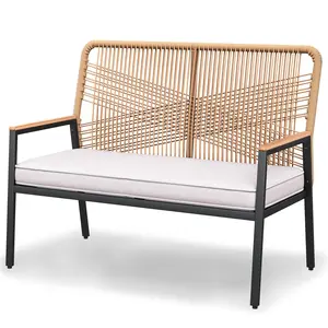 TLGREEN 2-Seat Patio Bench, Wide Outdoor Rattan Love Seat Bench with 3.15in Thick Cushion, Ergonomic Curved Backrest, WPC Armrest, 500 lbs Capacity, for Garden, Balcony, Porch, Beige/Grey, mothers day gift