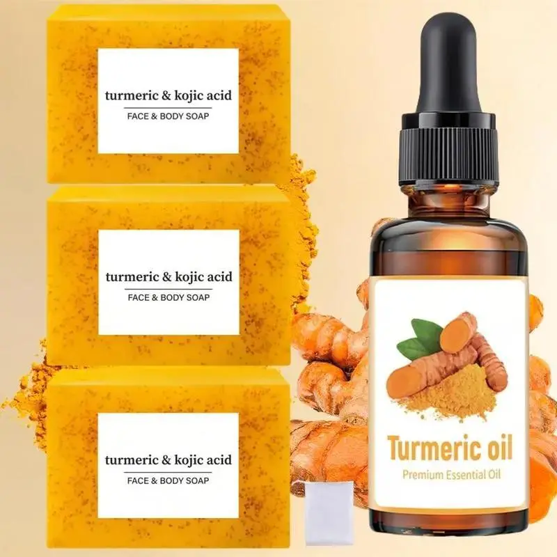 Turmeric Kojic Acid Soap & Essential Oil & Mesh Bag Set, 3 Counts Moisturizing Skincare Deep Cleansing Set, Turmeric Bar Soap for Women & Men, Acne Clearing Products