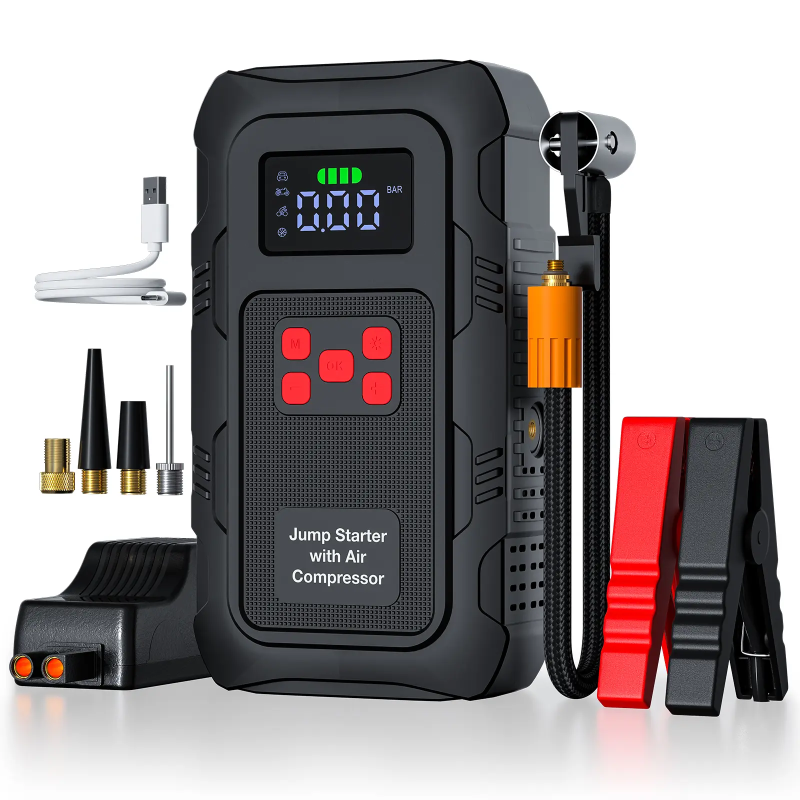 Portable Jump Starter  with Air Pump, Portable Car Battery Starter, Suitable for 12V Cars, 150PSI Air Compressor，Digital Tire Inflator Dispiay,  LED Emergency Light, Portable Rechargerable Power Bank