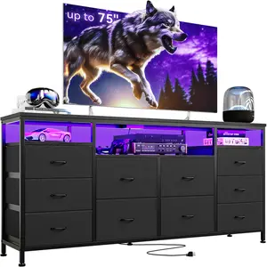 OP-10 Drawer Dresser Modern TV Stand , 63" W Long Fabric Dresser Entertainment Center, Chest of Drawers for Bedroom with Led Lights & Power Outlets,Multiple styles,Space saving for living room,bedroom
