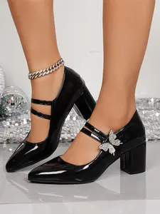 Women's Mary Jane Butterfly Rhinestone Patent Heel Shoes, Bow Design, Closed Toe, Sweet Retro Style, Casual Fashion for All Seasons