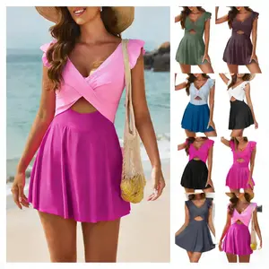 Women's One Piece Swimsuit Ruffle Cutout Swimdress Tummy Control V Neck Wrap Swimwear Swimming Sport Clothing Beach