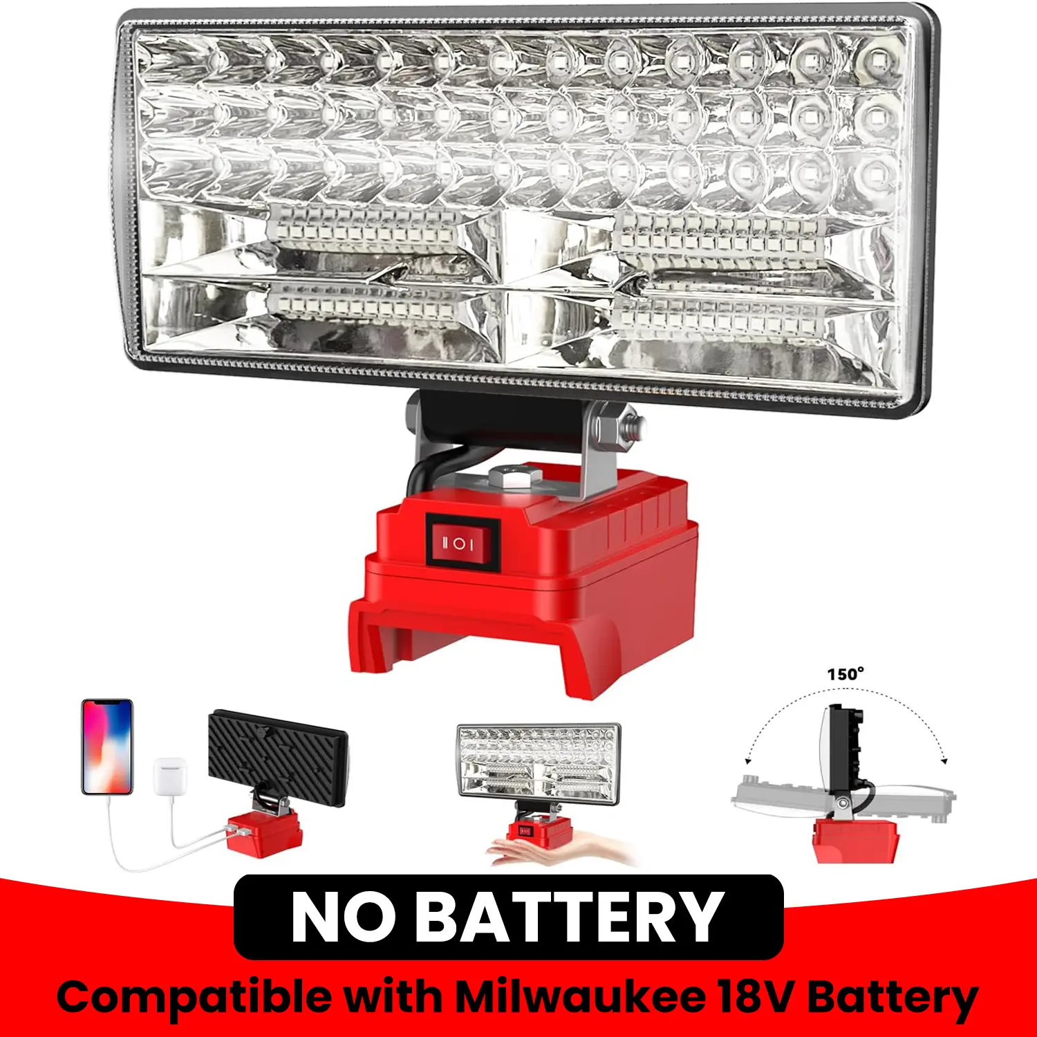 8" Cordless LED Work Light for Milwaukee M18 Battery, Two Levels Adjustable FloodLight up to 90W 5400 Lumens with USB Charging Port, Portable LED Flashlight for Work, Camping, Outdoor(No Battery)