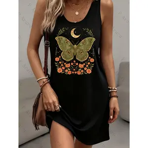 Women's Sleeveless Maxi Dress with Pockets - Lightweight Breathable Tank Dress for Beach, Office & Summer Wedding Guest Gown - Machine Washable Letter print (Moth & Flower) Loose Fit Long Dress, Spring Summer Autumn Casual Outfits