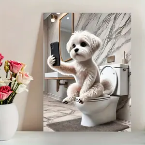 1pc Unframed Canvas Wall Art Print - Funny Maltese Dog Taking Selfie on Toilet with Smartphone, Modern Humorous Animal Poster, 12x16 in, Home Decoration for Living Room, Perfect Gift for Dog Lovers