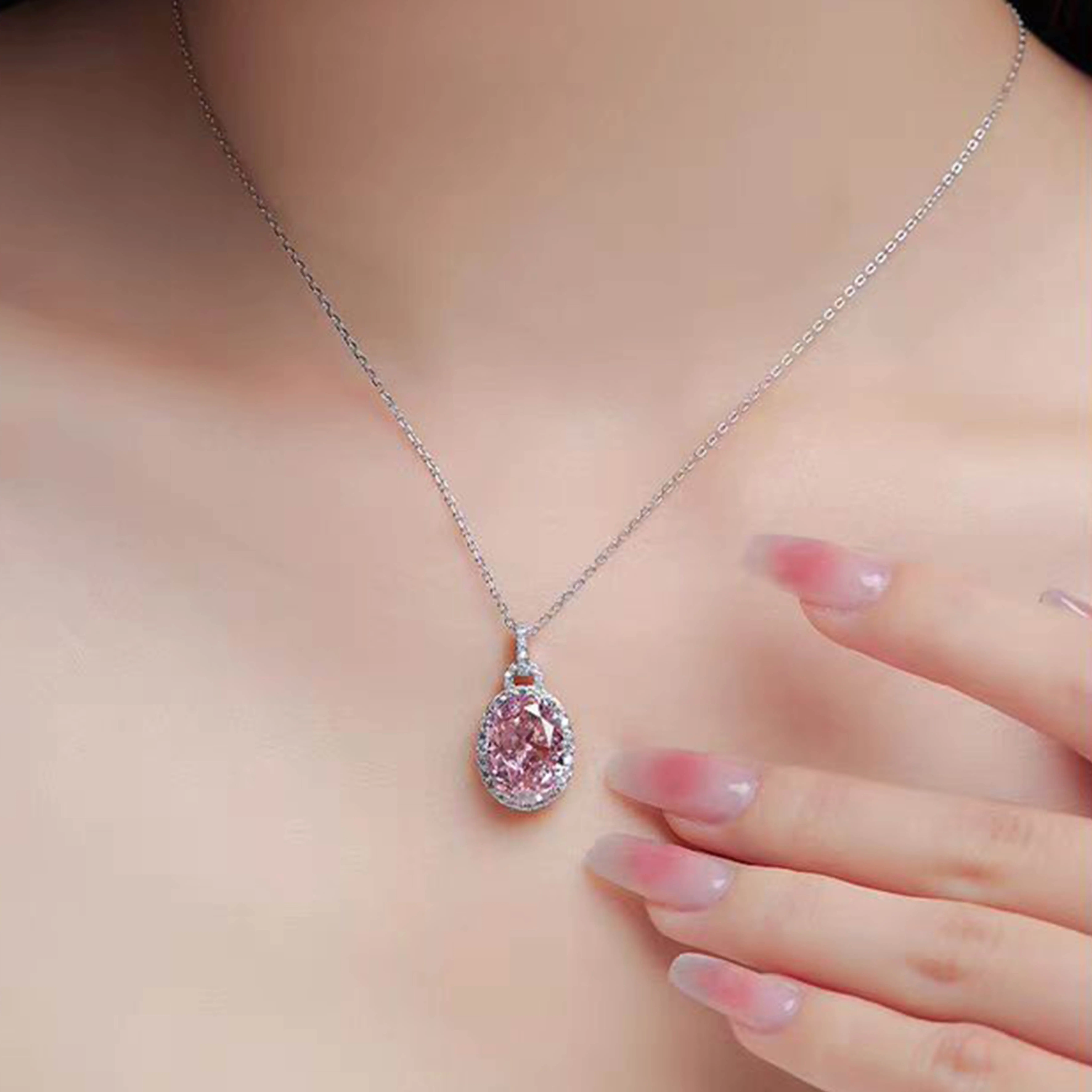 Women's S925 Silver Sparkly Oval Pink Moissanite Love Pendant Necklace - Dainty, Cute Style, Girly Pink, Glittery, Crystal-Like Necklaces for Summer Trend, Dainty Necklaces