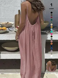 2026 Women's Plain Backless Spaghetti Strap Long Dress Sleepwear, Elegant Sleeveless Loose-Fitting Home Clothes, All Seasons Casual Wear