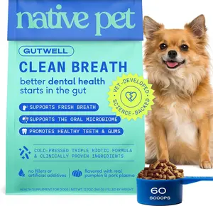 Native Pet GutWell Clean Breath Dog Breath Freshener & Dental Powder for Teeth Cleaning Reduce Plaque Tartar Promotes Fresh Breath with Triple-biotic Blend 60 Scoops
