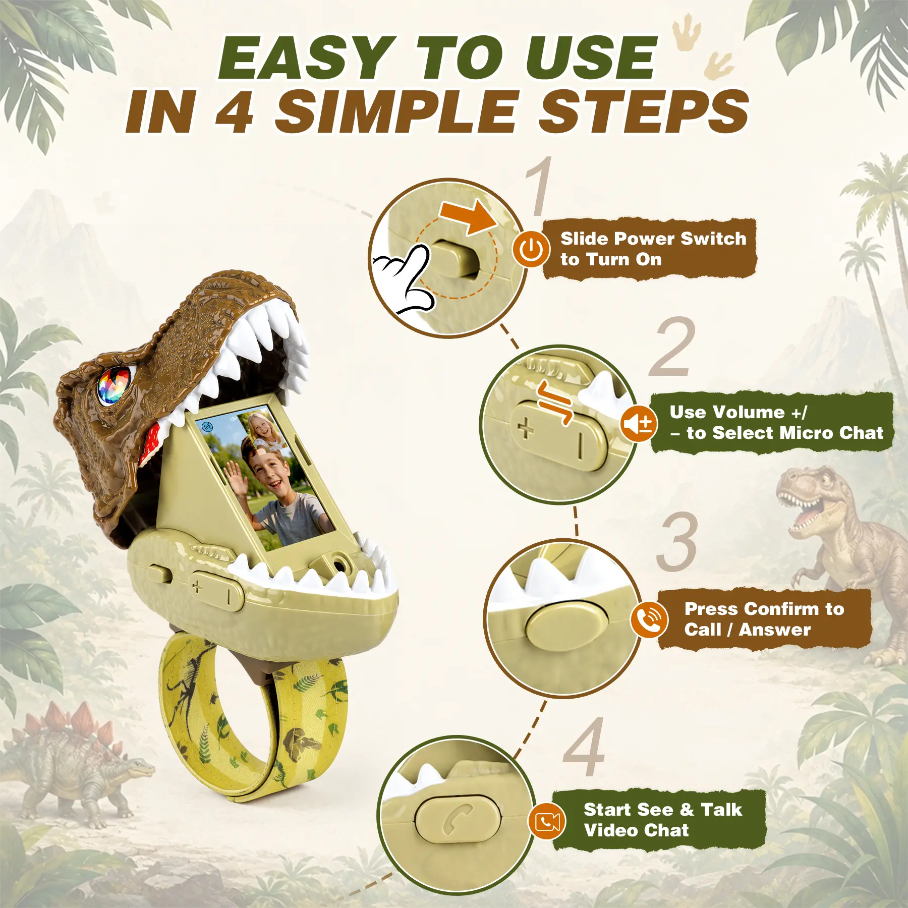 Four simple steps to use dinosaur video walkie talkie