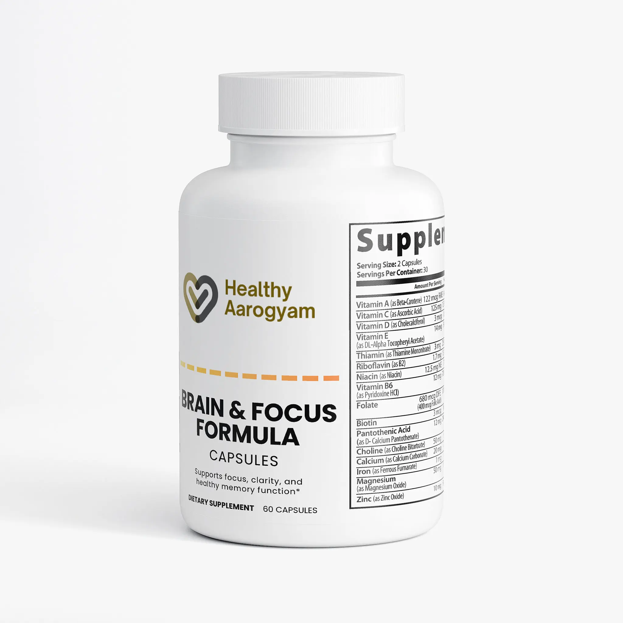 Healthy Aarogyam Brain & Focus Formula 60 Capsules - Natural Supplement with DMAE, L-Glutamine, GABA, Bacopa for Enhanced Focus and Memory Support