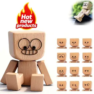 Shaking Wooden Man Ornament – Wood Figure with Spring Legs & Shaking Feet, Funny Car Dashboard Ornaments with 12pcs Magnetic Expressions, Home Decor & Gifts for Christmas & Thanksgiving