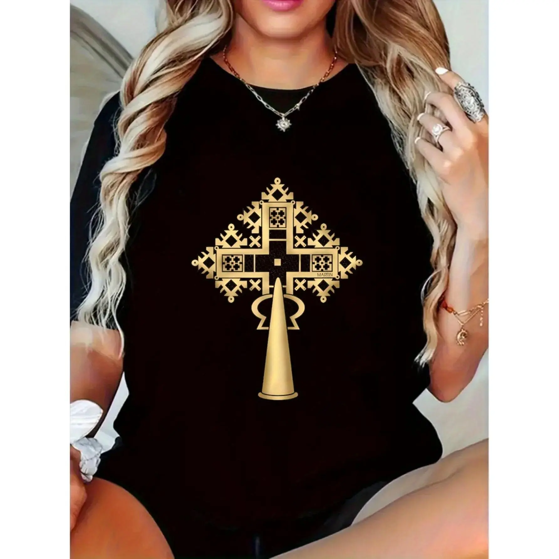 Women's Ethiopian Cross T-Shirt - Black Geometric Golden Cross Applique Design, Short Sleeve Casual Top for Casual Attire, Allseason Clothing, Ornamental Detailing