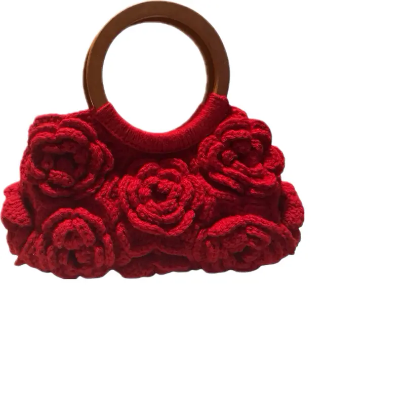 Red Rose Motif Bag with Handmade Knitted Design and Wooden Handle for Elegant Occasions