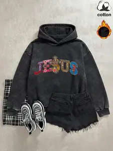 Cotton clothing, "JESUS" religious and cultural symbol pattern letter printing, a plush casual sports hoodie, vintage retro style washed cotton long-sleeved hooded sweatshirt, autumn and winter women's clothing