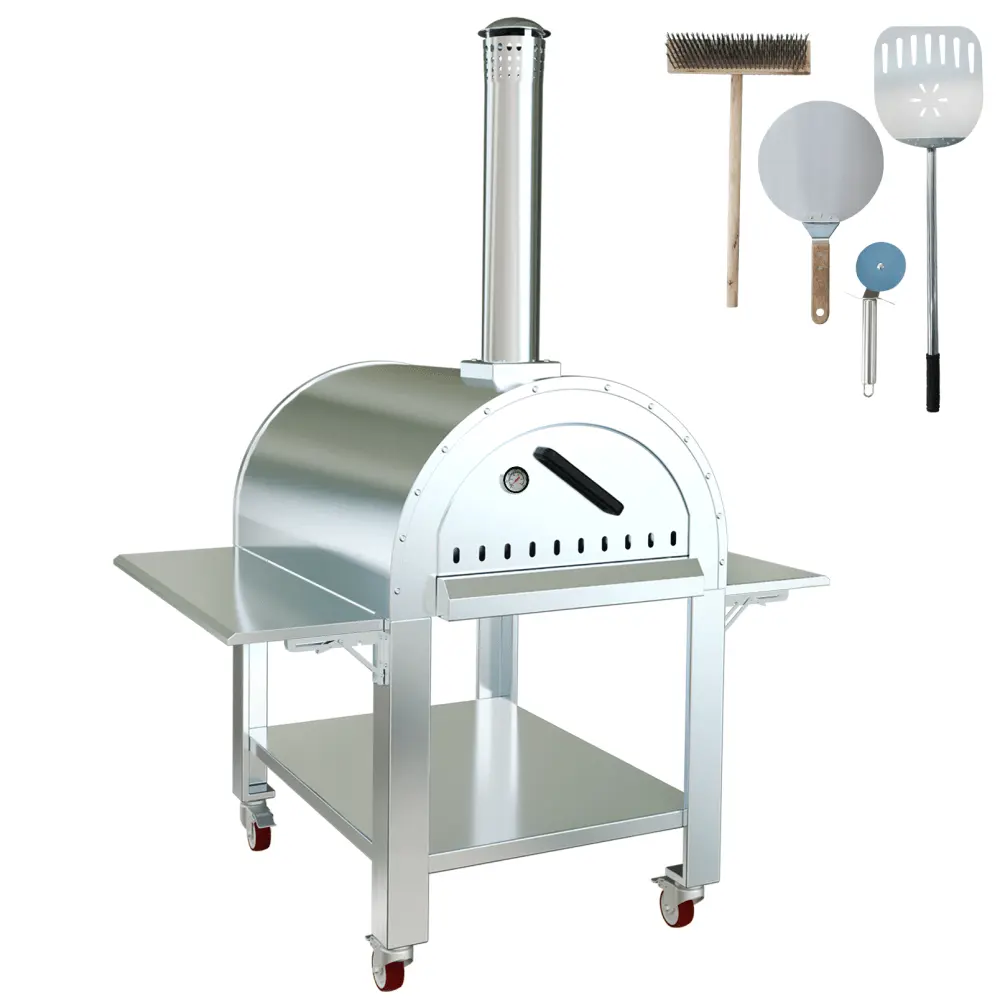 Gaomon Rust-Resistant Freestanding Stainless Steel Wood-Burning Charcoal Oven Set - 32x32x80in Outdoor Furniture Set with Wheels, Sturdy Build, Spacious Baking Area, Portable Sleek Exterior, Complete Pizza Peel Kit for Backyard Gatherings, Campsite Use