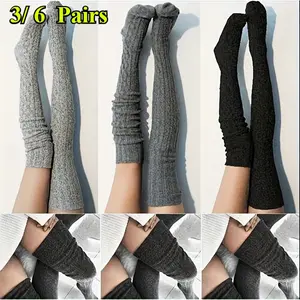 3/6 Pairs of Women's Comfortable and Warm Knee High Knitted Socks | Thick Material, Winter Warm and Fashionable Style thick thigh Striped Over-Knee High Thigh Socks