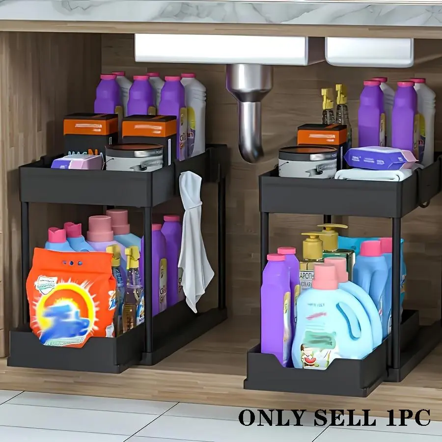 2-tier Sliding Cabinet Basket Storage Box with Hook, Plastic Storage Under Bathroom/Kitchen Sink, Space Saving Storage Organizer, Bathroom Accessories, Bathroom Organizing Accessories