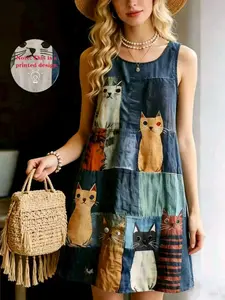Vintage Patchwork Cat Print Sleeveless Dress, Bohemian Loose A-Line Beach Vacation Dress, Retro Style Summer for Women