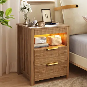 Dystler Fluted Night Stand with Gun Drawer, Wood Nightstand with Charging Station and Human Sensor, Modern Bedside Table with LED Light and Storage Shelf for Bedroom, Natural Oak