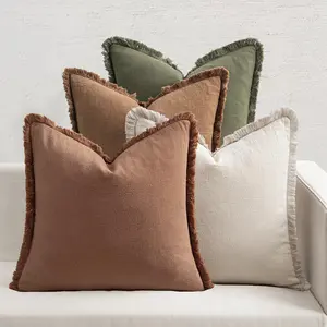Decorative Couch Pillow Covers Neutral Linen Fringe Throw Pillows Set of 4 Soft Rustic Cushions Boho Farmhouse Pillowcases for Bed Sofa Living Room Spring Decor 20x20 Inch Beige/Brown/Green
