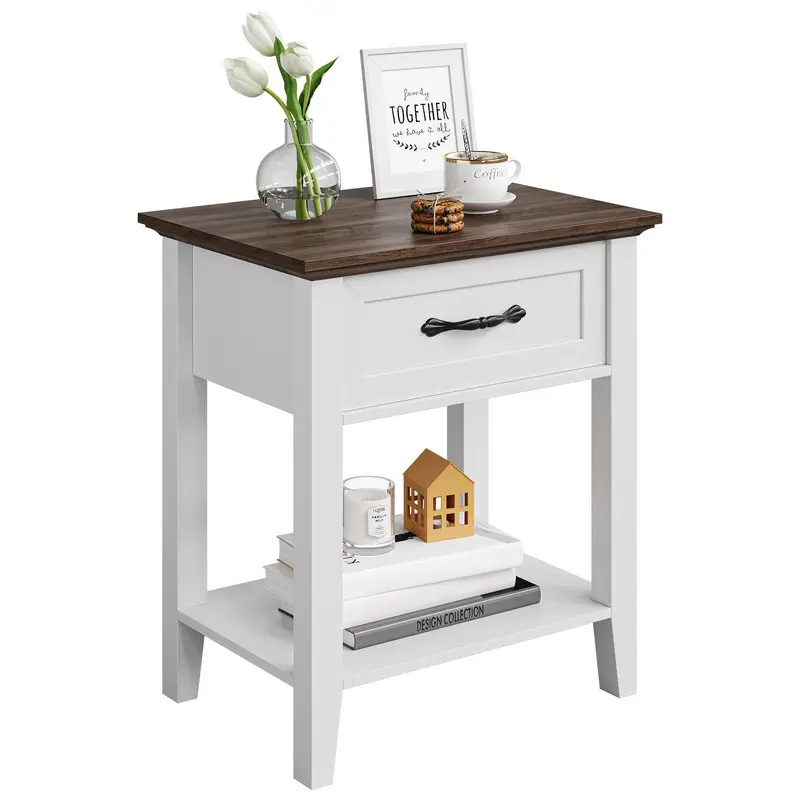 White Bedside Cabinet - 2-Tier Shelf Nightstand with Drawer, Handle Pull, Easy-Assembled Side Table for Bedroom, Living Room