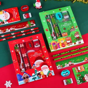1 Sets Christmas Stationery Gift Boxes with Cute Cartoon Designs - Includes Pencils, Erasers, Pencil Sharpeners, Sticky Notes, Rulers & School Supplies - Festive Holiday Classroom Supplies