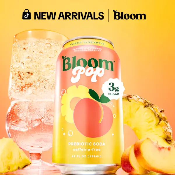 Peach Pineapple - Bloom Pop - Prebiotic Soda 12 Pack, 12oz Cans - Prebiotic Soda for Gut Health, Low Calorie Soda, No Caffeine, Healthy Soft Drink Alternative Beverage