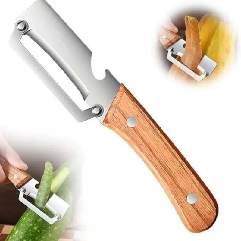 Multifunctional Kitchen Peeler, Ultra Sharp Stainless Steel Blade, Wooden Handle with Bottle Opener, Ideal for Peeling Vegetables or Fruits, Veggie Peeler, Citrus Peeler