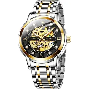 Brand OLEVS Mens Automatic Watch Skeleton Diamond Luxury Mechanical Self Winding Dress Wrist Watch Waterproof Luminous