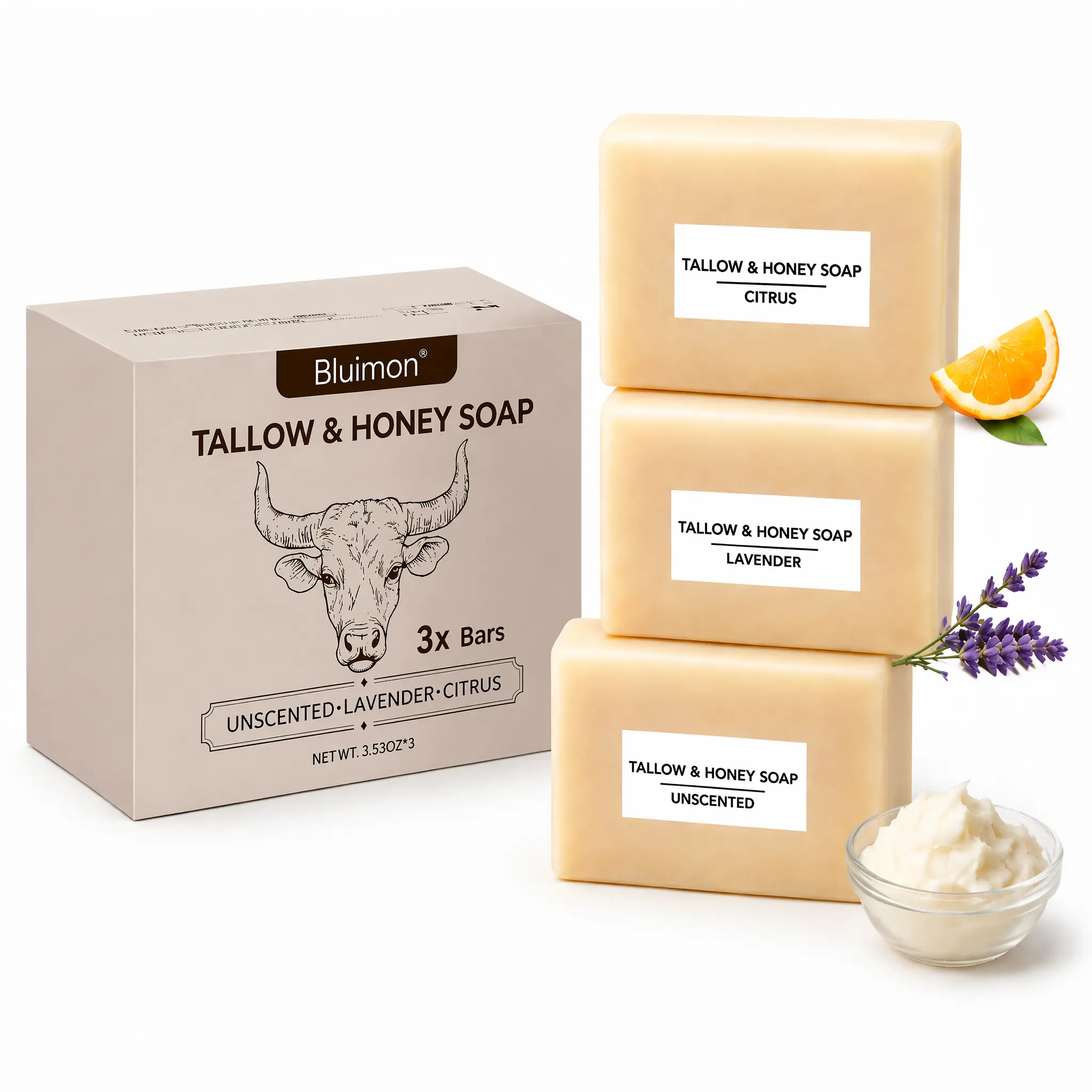 3 Bars Tallow & Honey Natural Body Soap, Creamy Lather Hydrating Cleansing Bar, Citrus Lavender & Unscented Varieties, Mild Nourishing Soap for Everyday Shower Use