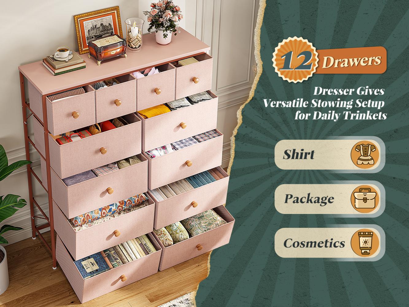 【New Size Avaialble】RaybeeFurniture 12 Tall Pink Dresser for Bedroom, Storage Cabinet Organizer, Modern Fabric Storage Tower, Chest of Drawers with Steel Frame, Wood Top for Living Room, Hallway, Closet