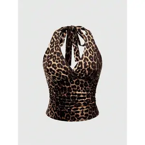 Grunge Punk Y2K Leopard Print Halter Neck Top For Women, School