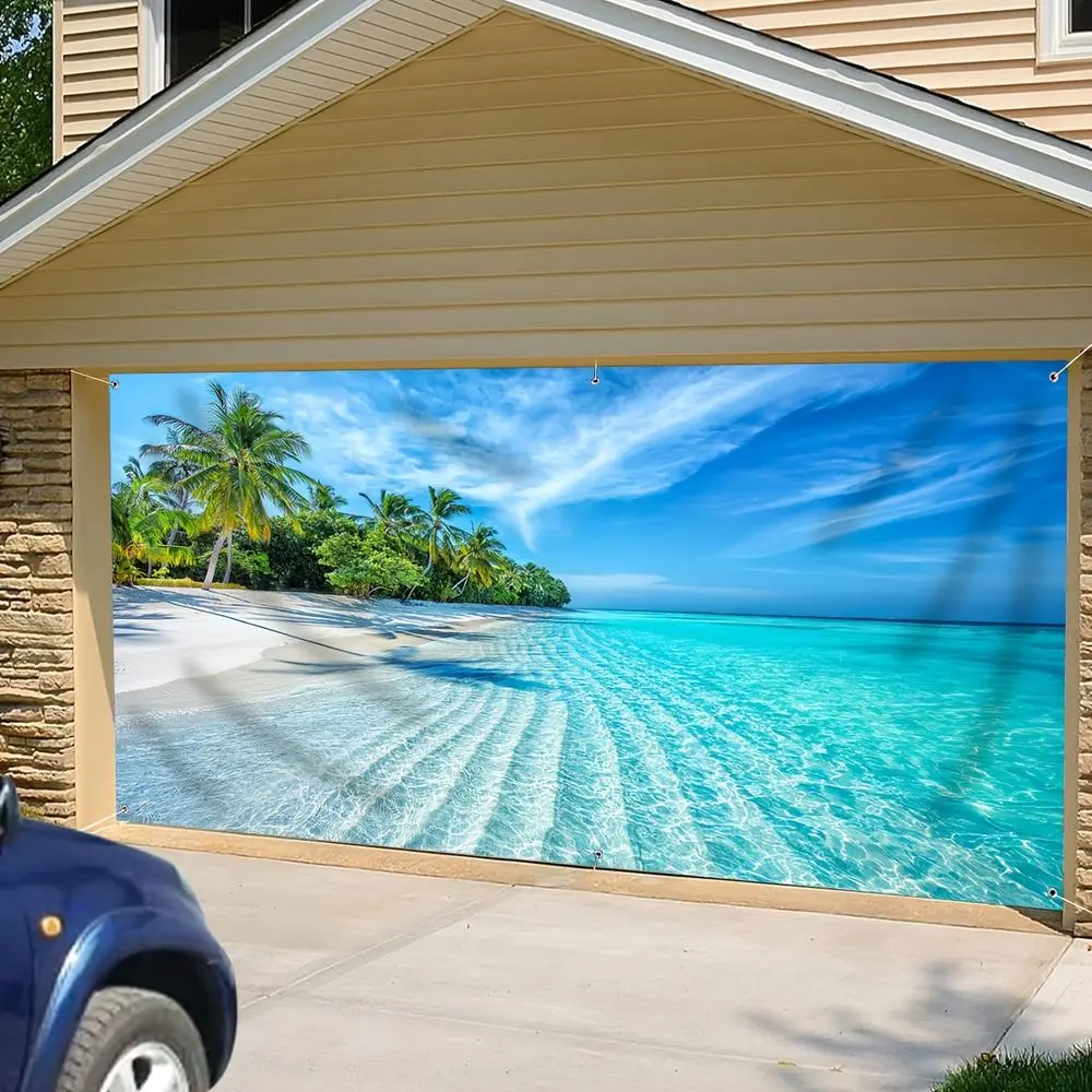 2D Flat Banner Polyester Photography Backdrop, HD Digitally Printed Soft Lightweight Foldable Background Cloth, Tropical Beach Palm Tree White Sand Clear Ocean Design, for Summer Party Decor, Photo Booth, Video Studio, and Events