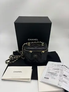Pre-owned CHANEL Mini Cosmetic Vanity Case, Black & Gold Caviar Calfskin, Protective Film Still on Mirror, Full Set Included