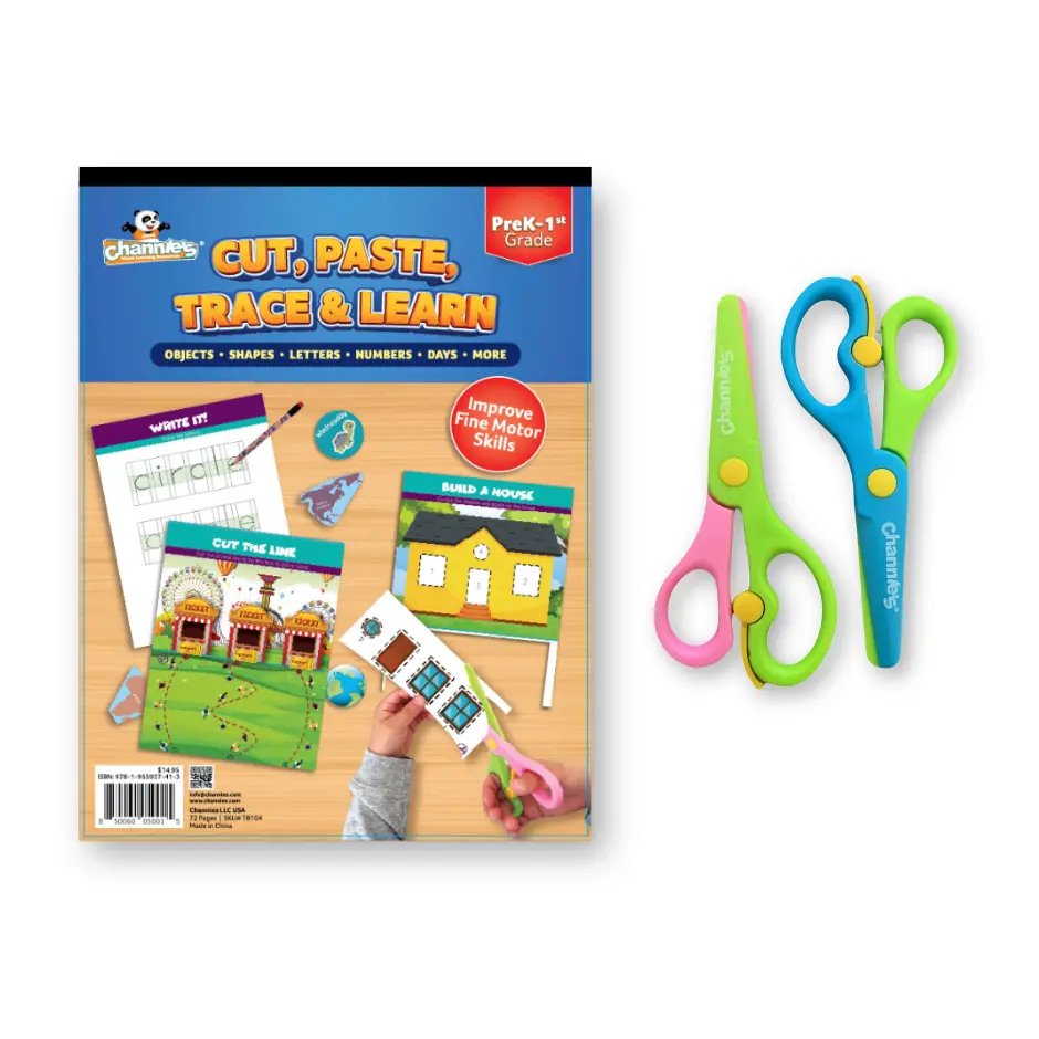 Channie's Kit Cut, Paste, Trace, & Learn Workbook with Set of 2 Pack Safety Scissors for Small Hands
