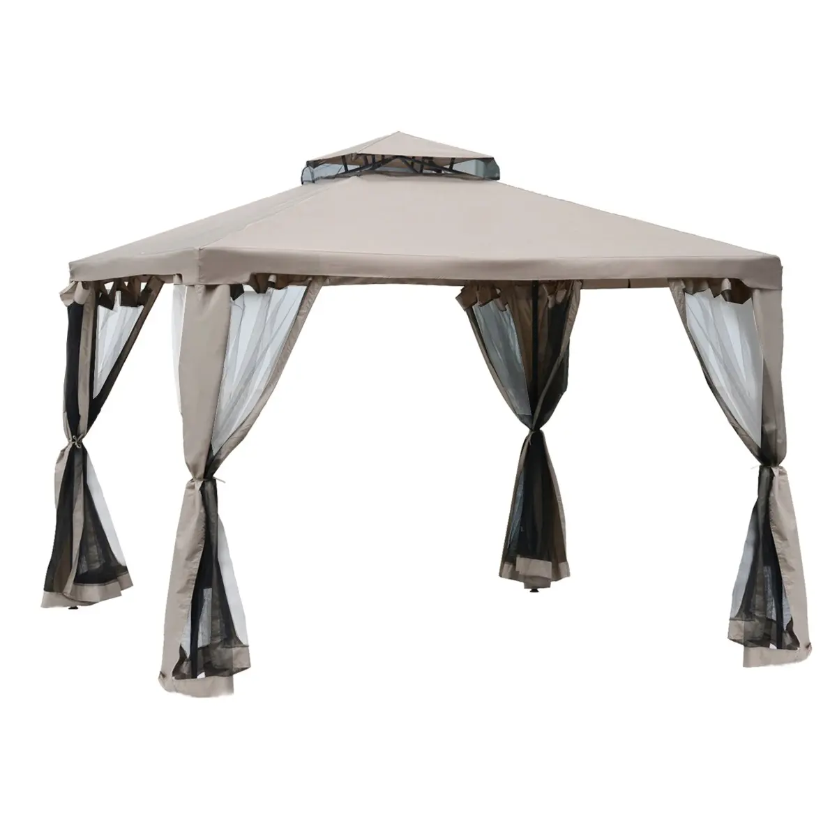 212 Main 84C-133CG 10 x 10 ft. Outsunny Gazebo Outdoor Canopy Shelter with 2-Tier Roof & Netting, Steel Frame for Garden, Lawn, Backyard & Deck, Taupe
