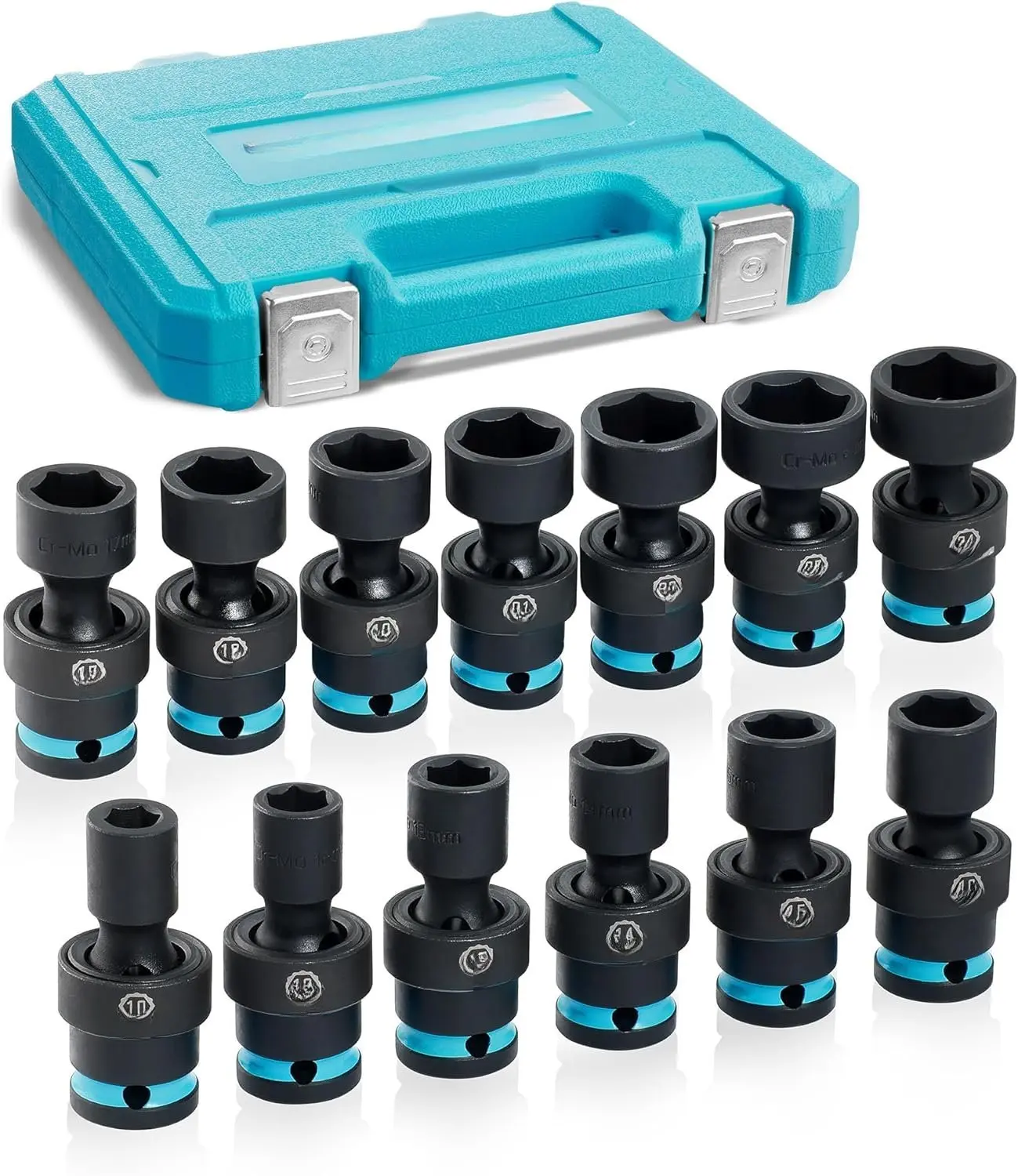 1/2" Drive Impact Swivel Socket Set, 13- Shallow Wobble Sockets, Universal Joint Socket Set Metric, Cr-Mo Steel, 6 Point, Organized in Sturdy Storage Case(10-24mm)