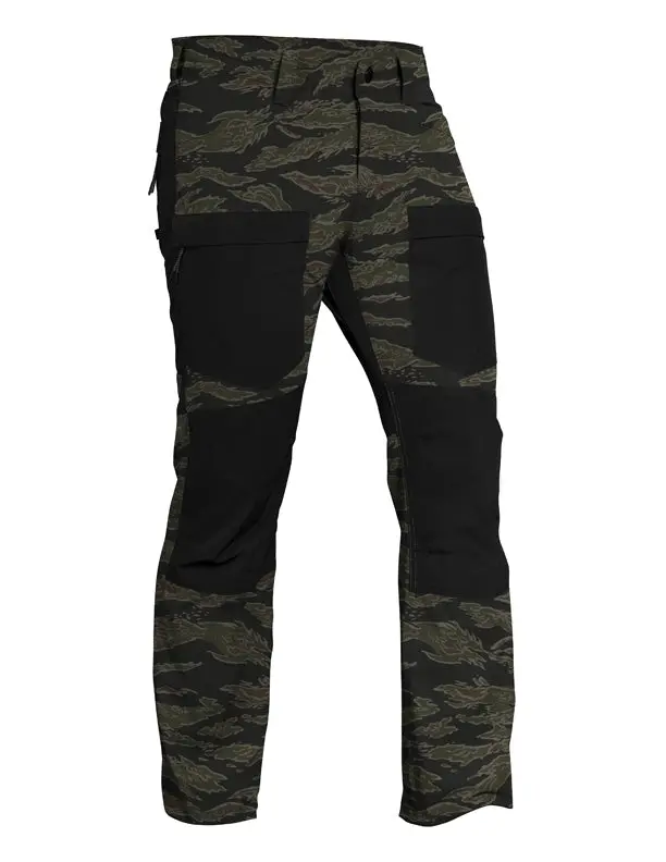 Howitzer Men's Scout Tiger Camo Pants - Slim Straight Military Style Menswear Bottoms, Wrinkle-Resistant Nylon Elastane, Camo Style, Water-Resistant, Mid Waist, All Seasons, Knee Panels, Contrast Zippered Back Pockets, Outdoors, Casual, Cold Wash, Militar