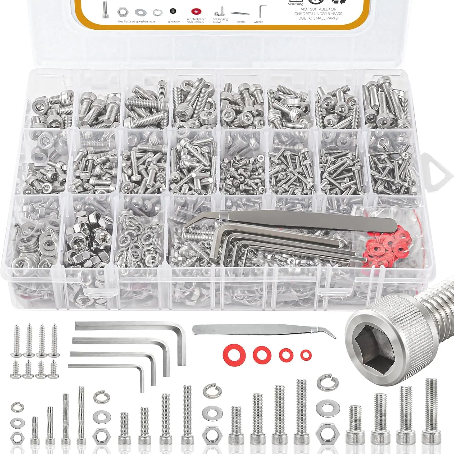 M2 M3 M4 M5 Nuts and , 304 Stainless Steel Metric Bolt Assortment (Lock & Flat Washers),Metric Screw Assortment, Socket  Cap Screws, Metric  and Nuts Assortment Kit, 1415 count