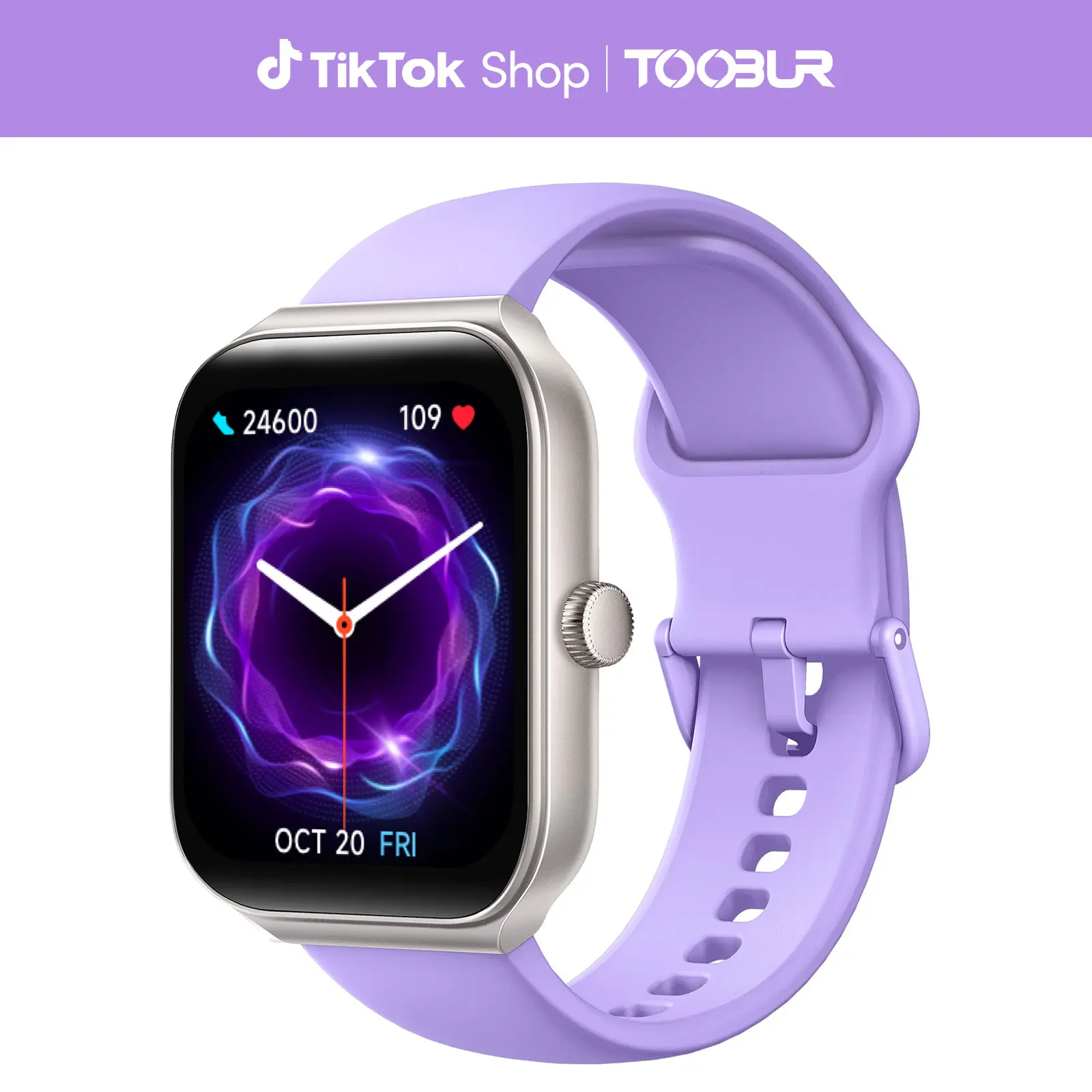 TOOBUR 1.95" LCD Bluetooth Smart Watch - BT Call Answer/Make, Smart Voice Assistant, Sleep Tracking, IP68 Waterproof, Step Calorie Tracker, 100 Multi-Sports Modes, Music Control, Silicone Wearable for Men, iOS Android Compatible, Lilac, Lcd Screen, Music