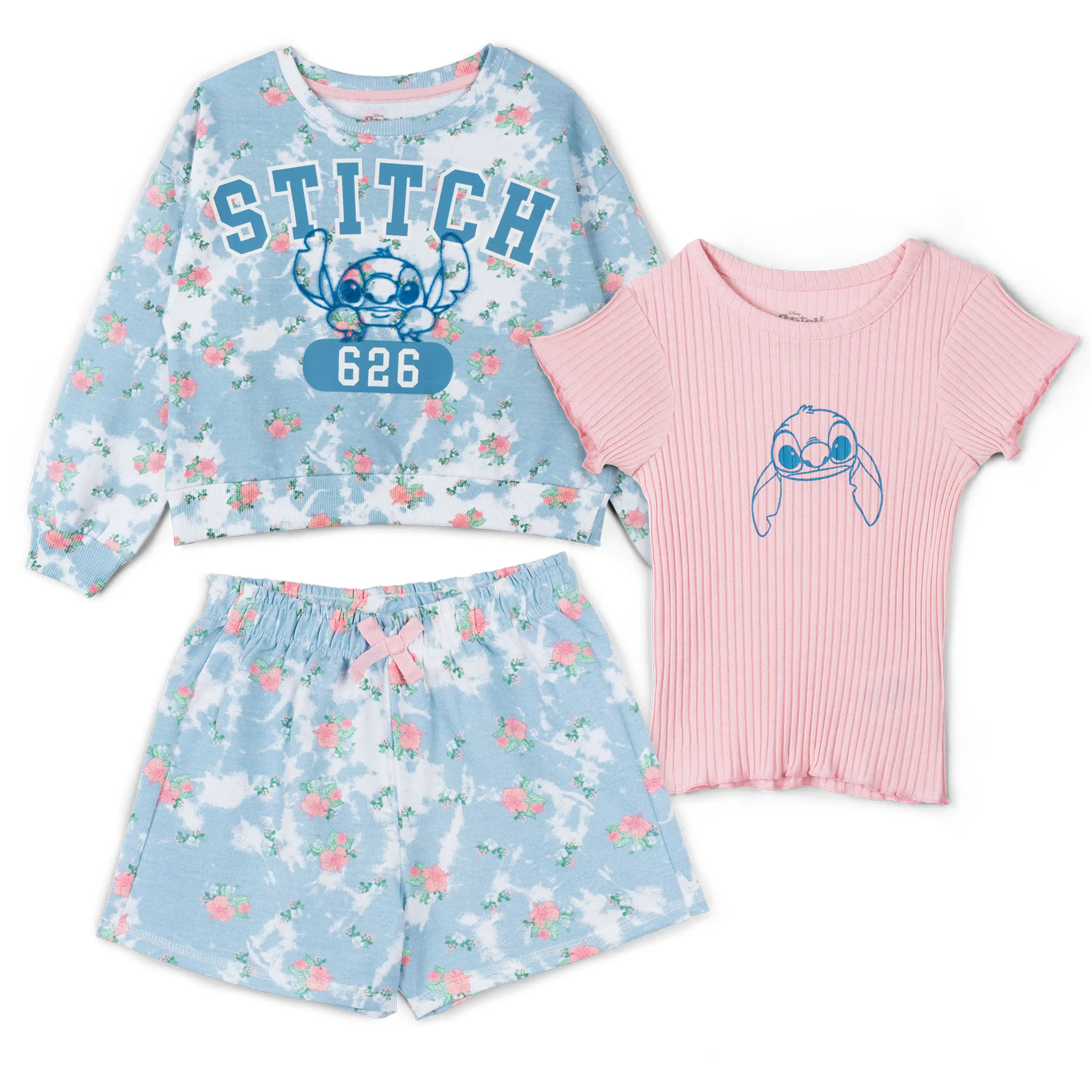 Disney Lilo & Stitch Girls' 3-Piece Casual Matching Cute Clothing Set - Tie-Dye French Terry Sweatshirt, Ribbed Tee, Elastic Waist Relaxed Fit Shorts (Blue Pink, Toddler to Big Kid)