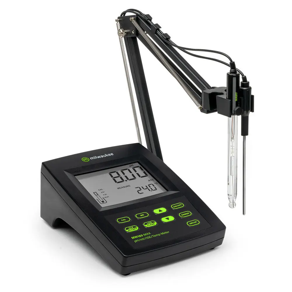 Milwaukee MW160 MAX Bench Meter - 110V USA Model for Lab Users, ±0.01 pH Acc., Lightweight Glass Electrode, pH Probe Set, Temp/ISE/ORP Testing, Logging On-Demand, RS232 Connectivity, Sample Fluids Compatibility