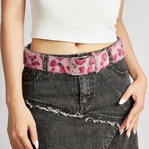 1pc Fashion Faux Leopard Print Plush Double Row Buckle Women'S Belt, Punk Style Women'S Belt, Retro Y2K Spicy Style Women'S Belt, Comfortable And Cute Women'S Belt, Versatile for Pants, Dresses, Skirts, Suitable for Daily Commuting, Casual Wear