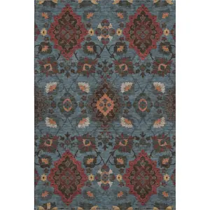 HomeRoots 678844 10x14 ft. Denim Blue, Red & Salmon Oriental Washable Machine-Made Rectangle Blue Area Rug with UV Protection, Blue Area Rugs