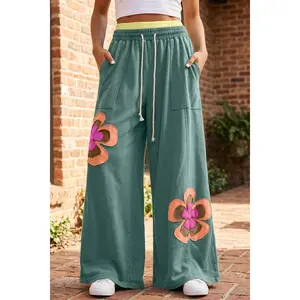 Sea Green Color Block Flower Patchwork Drawstring Contrasted Elastic Waist Wide Leg Pants