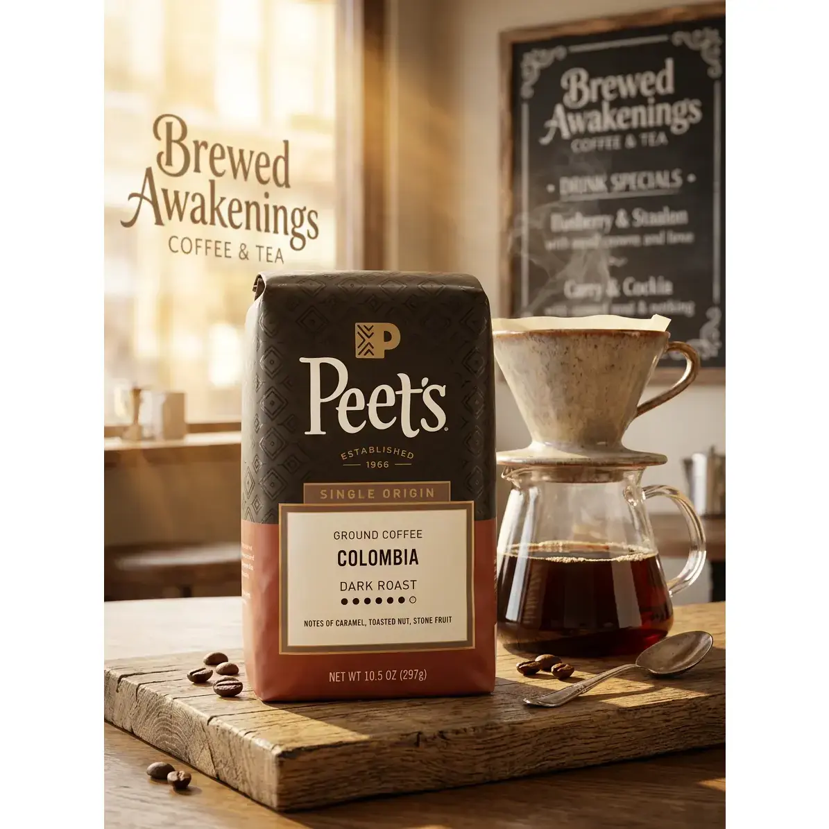 Certified Organic Single-Origin Colombia Dark Roast Coffee Grounds - 10oz (340g) Beverage, Caramel Nut Flavor, Brewed Awakenings Coffee Accessory